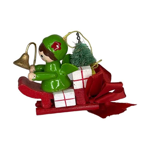 Vintage Wooden Angel on a Sled With a Bell Tree and Gifts Christmas Ornament - Picture 6 of 8